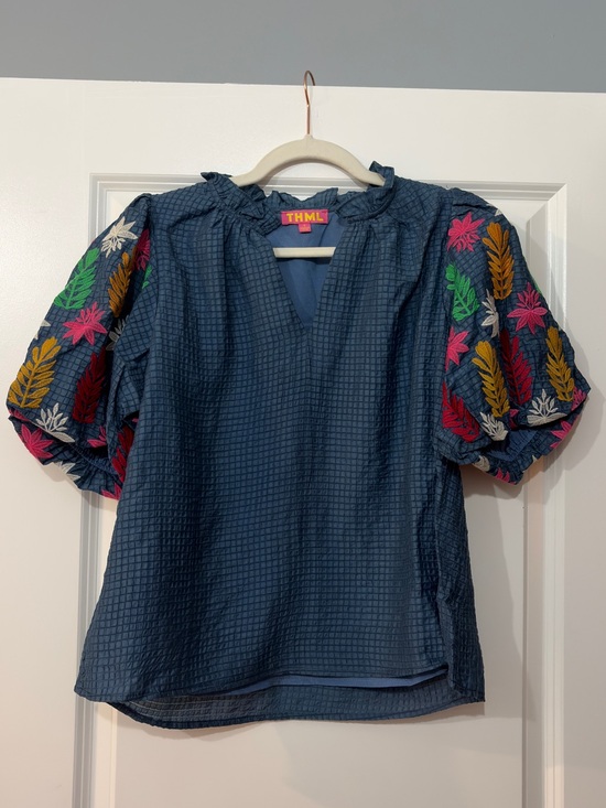 THML Tops - Navy Textured Puff Sleeve Blouse with Multicolor Embroidery